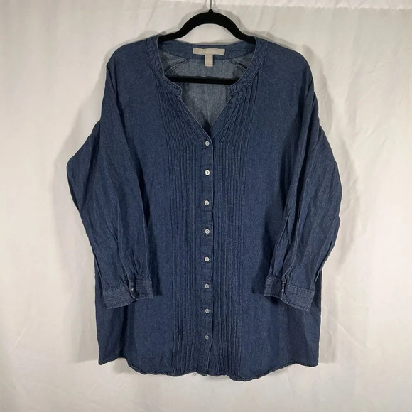 Woman Within Blouse Women's Medium 14 16 Dark Wash Blue Vneck Button Up Long Sle - Picture 1 of 9